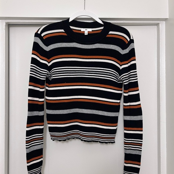 Striped Ribbed Knit Sweater - Black, White, Orange - Size Small - Picture 1 of 4
